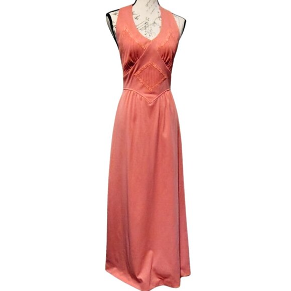Vintage 70s Mikey Jrs Maxi Dress Small Pink Basque Waist Backless Formal Evening - Picture 3 of 9